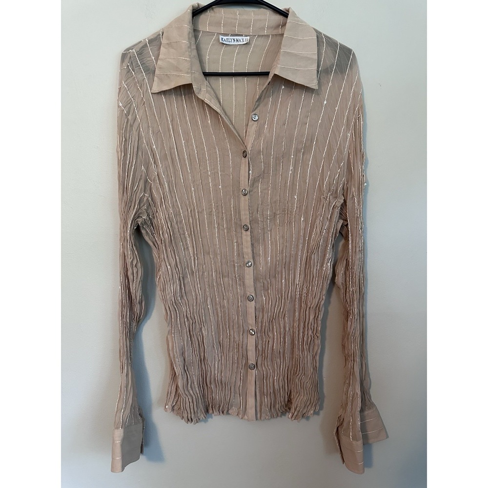 Y2K Sequin Wrinkle Taupe Semi Sheer Gauze Plisse Pleated Long Sleeve Blouse 2XL